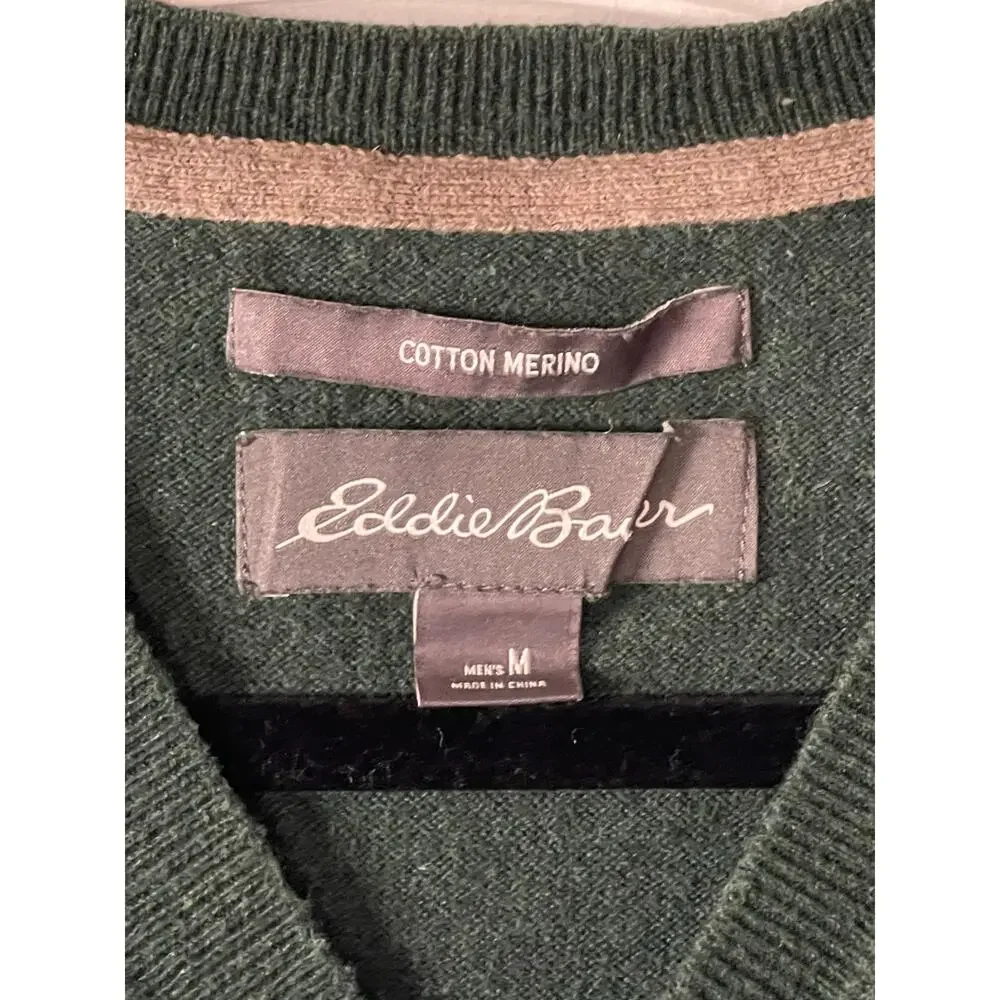 Eddie Bauer Mens Green V Neck Cotton Merino Blend Knit Medium - Picture 4 of 6